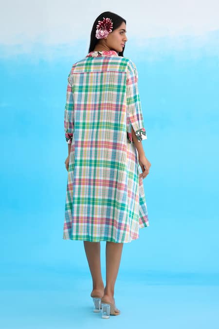 Shop Nikasha Blue Cotton Ribbons, Embroidery Collared Madras Checkered A-line Dress at Aza Fashions Shop_Nikasha_Blue Cotton Ribbons, Embroidery Collared Madras Checkered A-line Dress _at_Aza_Fashions