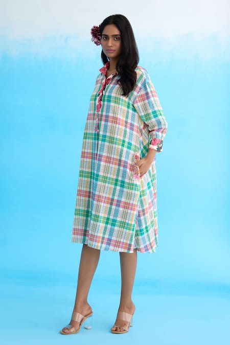 Nikasha Blue Cotton Ribbons, Embroidery Collared Madras Checkered A-line Dress Online at Aza Fashions Nikasha_Blue Cotton Ribbons, Embroidery Collared Madras Checkered A-line Dress _Online_at_Aza_Fashions