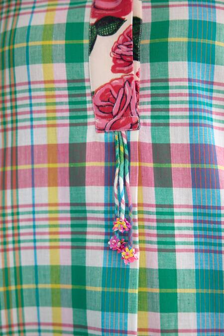 Shop Nikasha Blue Cotton Ribbons, Embroidery Collared Madras Checkered A-line Dress Online at Aza Fashions Shop_Nikasha_Blue Cotton Ribbons, Embroidery Collared Madras Checkered A-line Dress _Online_at_Aza_Fashions