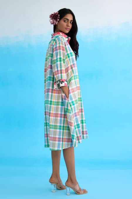 Buy Nikasha Blue Cotton Ribbons, Embroidery Collared Madras Checkered A-line Dress Buy_Nikasha_Blue Cotton Ribbons, Embroidery Collared Madras Checkered A-line Dress