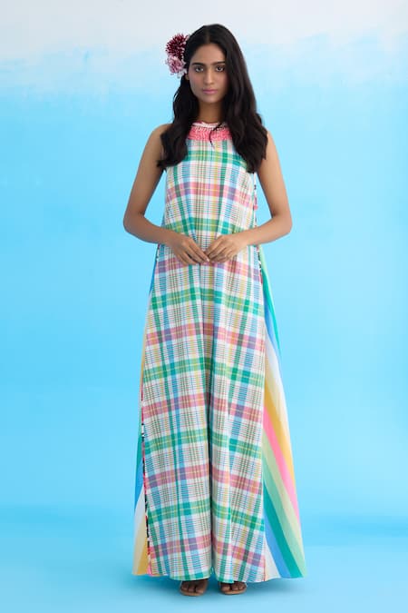 Buy Blue 100% Cotton Checkered Halter Madras Maxi Dress For Women by ...