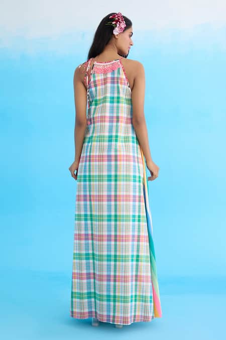 Shop Nikasha Blue Cotton Embroidery Halter Neck Madras Checkered Maxi Dress at Aza Fashions Shop_Nikasha_Blue Cotton Embroidery Halter Neck Madras Checkered Maxi Dress _at_Aza_Fashions