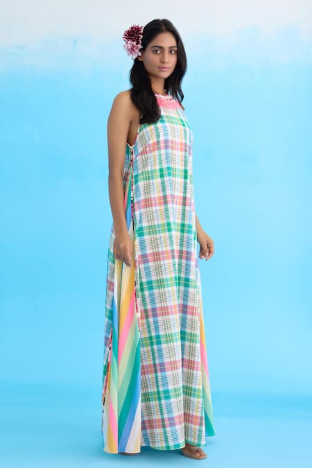 Nikasha Blue Cotton Embroidery Halter Neck Madras Checkered Maxi Dress Online at Aza Fashions Nikasha_Blue Cotton Embroidery Halter Neck Madras Checkered Maxi Dress _Online_at_Aza_Fashions
