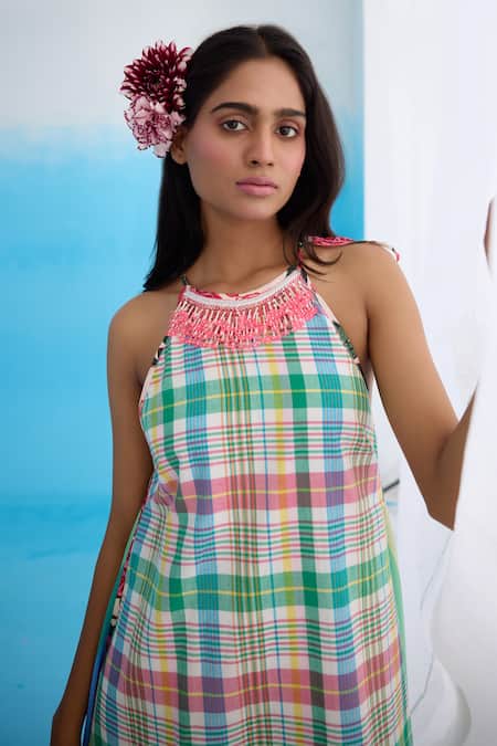 Shop Nikasha Blue Cotton Embroidery Halter Neck Madras Checkered Maxi Dress Online at Aza Fashions Shop_Nikasha_Blue Cotton Embroidery Halter Neck Madras Checkered Maxi Dress _Online_at_Aza_Fashions