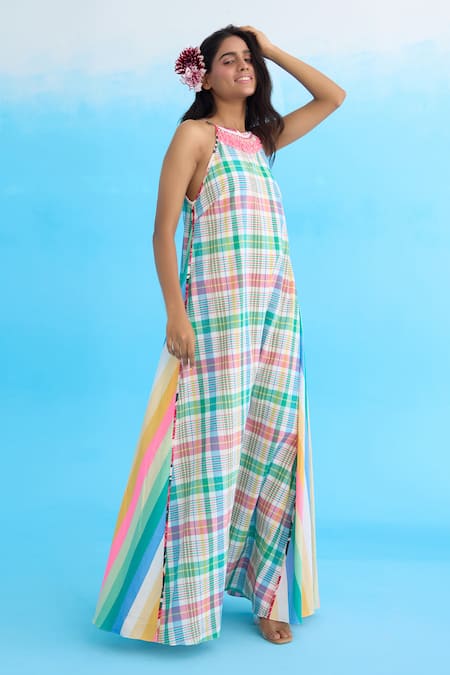 Nikasha Blue Cotton Embroidery Halter Neck Madras Checkered Maxi Dress at Aza Fashions Nikasha_Blue Cotton Embroidery Halter Neck Madras Checkered Maxi Dress _at_Aza_Fashions