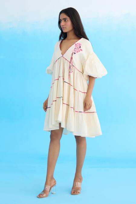Nikasha Cream Cotton Beads, Applique V-neck Bubble Sleeves Tiered Dress Online at Aza Fashions Nikasha_Cream Cotton Beads, Applique V-neck Bubble Sleeves Tiered Dress _Online_at_Aza_Fashions