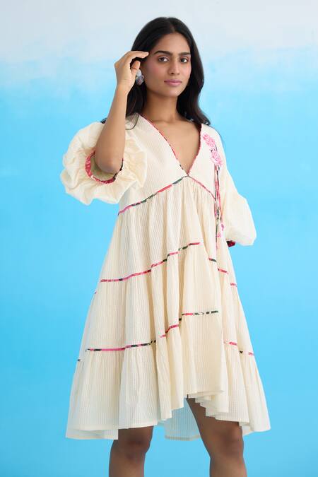 Shop Nikasha Cream Cotton Beads, Applique V-neck Bubble Sleeves Tiered Dress Online at Aza Fashions Shop_Nikasha_Cream Cotton Beads, Applique V-neck Bubble Sleeves Tiered Dress _Online_at_Aza_Fashions