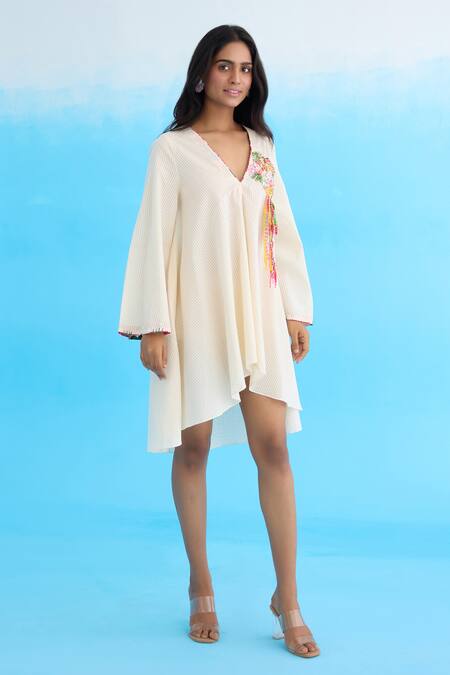 Nikasha_Cream Cotton Ribbons, Beads V-neck Placed Applique A-line Dress _Online_at_Aza_Fashions