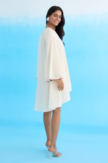 Nikasha_Cream Cotton Ribbons, Beads V-neck Placed Applique A-line Dress _at_Aza_Fashions