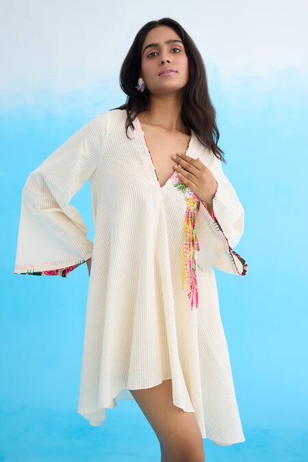 Buy_Nikasha_Cream Cotton Ribbons, Beads V-neck Placed Applique A-line Dress 