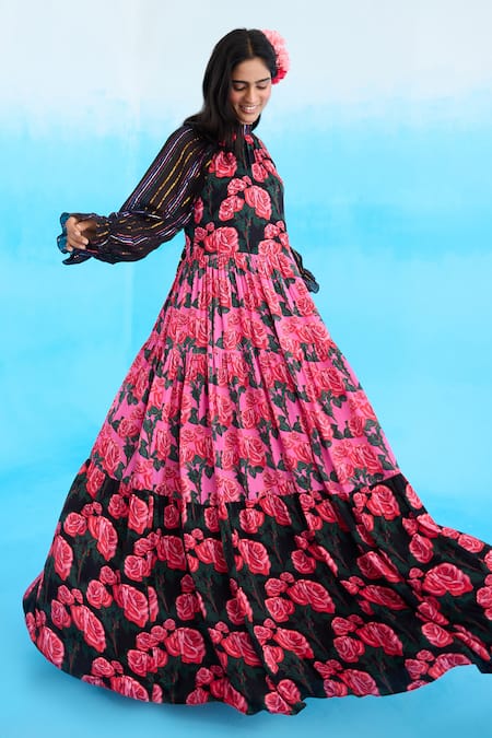 Shop Nikasha Pink Modal, Satin Sequins, Embroidery Bandeau Neck Rose Print Tiered Maxi Dress at Aza Fashions Shop_Nikasha_Pink Modal, Satin Sequins, Embroidery Bandeau Neck Rose Print Tiered Maxi Dress _at_Aza_Fashions