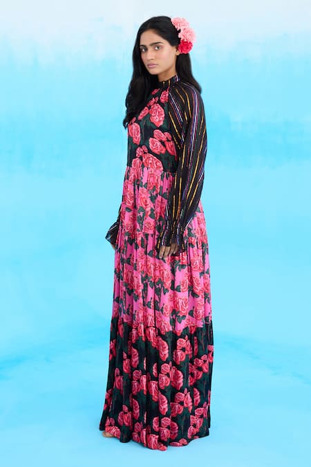 Nikasha Pink Modal, Satin Sequins, Embroidery Bandeau Neck Rose Print Tiered Maxi Dress Online at Aza Fashions Nikasha_Pink Modal, Satin Sequins, Embroidery Bandeau Neck Rose Print Tiered Maxi Dress _Online_at_Aza_Fashions