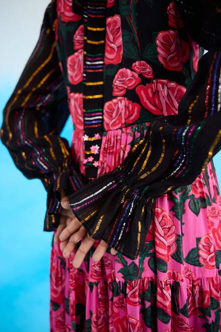 Shop Nikasha Pink Modal, Satin Sequins, Embroidery Bandeau Neck Rose Print Tiered Maxi Dress Online at Aza Fashions Shop_Nikasha_Pink Modal, Satin Sequins, Embroidery Bandeau Neck Rose Print Tiered Maxi Dress _Online_at_Aza_Fashions