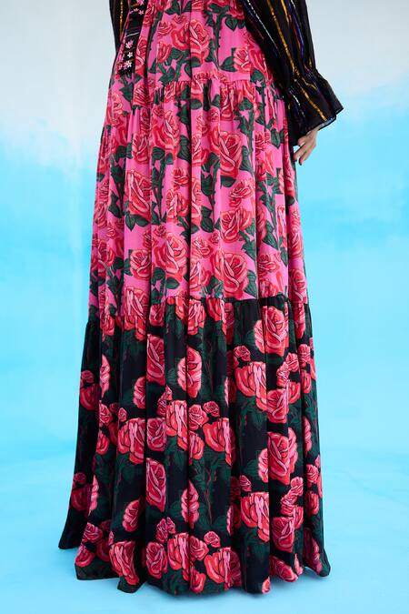 Nikasha Pink Modal, Satin Sequins, Embroidery Bandeau Neck Rose Print Tiered Maxi Dress at Aza Fashions Nikasha_Pink Modal, Satin Sequins, Embroidery Bandeau Neck Rose Print Tiered Maxi Dress _at_Aza_Fashions