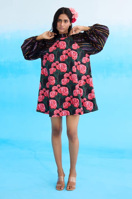 Shop Nikasha Black Modal, Satin Sequins Bandeau Neck Rose Print Shift Dress at Aza Fashions Shop_Nikasha_Black Modal, Satin Sequins Bandeau Neck Rose Print Shift Dress _at_Aza_Fashions