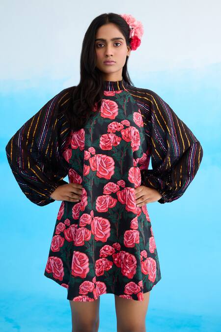 Nikasha Black Modal, Satin Sequins Bandeau Neck Rose Print Shift Dress Online at Aza Fashions Nikasha_Black Modal, Satin Sequins Bandeau Neck Rose Print Shift Dress _Online_at_Aza_Fashions