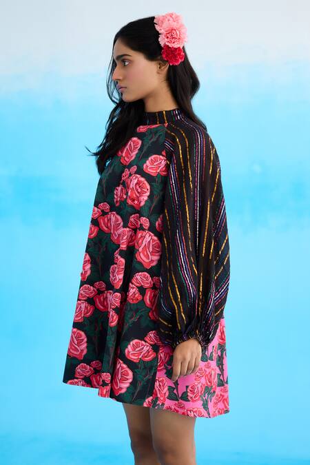 Buy Nikasha Black Modal, Satin Sequins Bandeau Neck Rose Print Shift Dress Online at Aza Fashions Buy_Nikasha_Black Modal, Satin Sequins Bandeau Neck Rose Print Shift Dress _Online_at_Aza_Fashions
