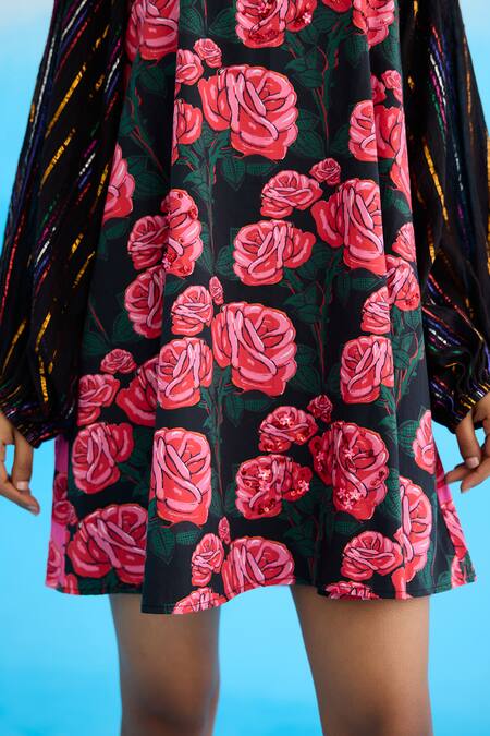 Shop Nikasha Black Modal, Satin Sequins Bandeau Neck Rose Print Shift Dress Online at Aza Fashions Shop_Nikasha_Black Modal, Satin Sequins Bandeau Neck Rose Print Shift Dress _Online_at_Aza_Fashions