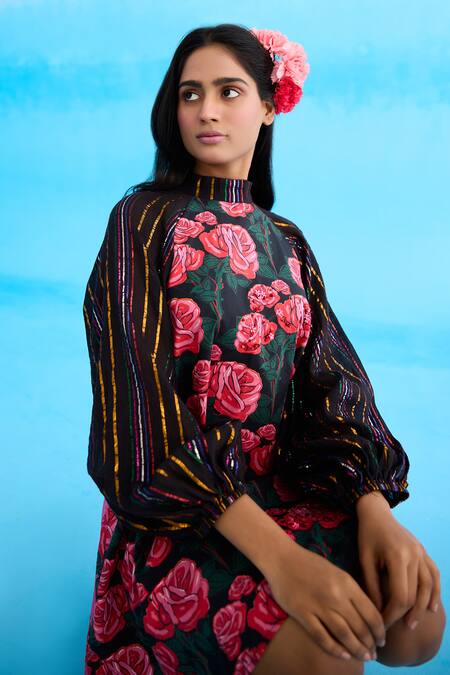 Nikasha Black Modal, Satin Sequins Bandeau Neck Rose Print Shift Dress at Aza Fashions Nikasha_Black Modal, Satin Sequins Bandeau Neck Rose Print Shift Dress _at_Aza_Fashions