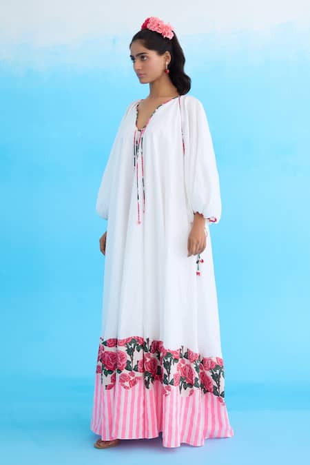 Shop Nikasha White Cotton, Linen Split V-neck Bubble Sleeve Maxi Dress at Aza Fashions Shop_Nikasha_White Cotton, Linen Split V-neck Bubble Sleeve Maxi Dress _at_Aza_Fashions