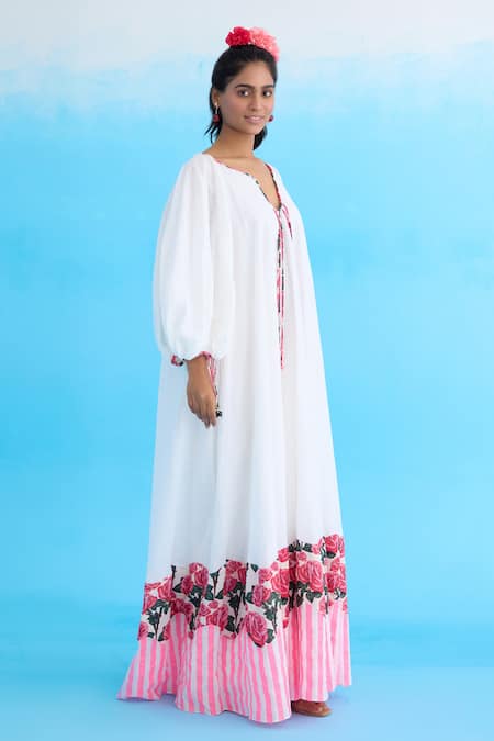 Nikasha White Cotton, Linen Split V-neck Bubble Sleeve Maxi Dress Online at Aza Fashions Nikasha_White Cotton, Linen Split V-neck Bubble Sleeve Maxi Dress _Online_at_Aza_Fashions