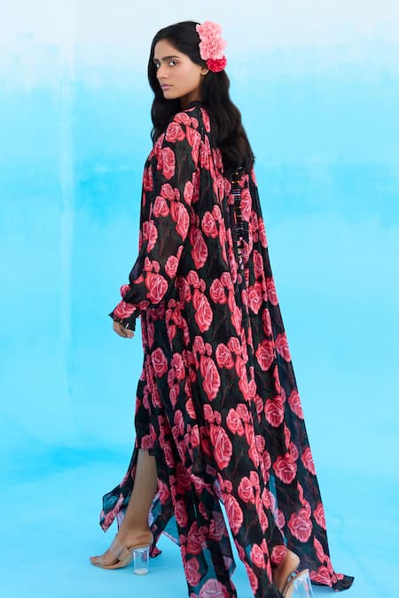 Shop Nikasha Black Viscose, Georgette Bandeau Neck Vintage Rose Pattern Asymmetric Dress at Aza Fashions Shop_Nikasha_Black Viscose, Georgette Bandeau Neck Vintage Rose Pattern Asymmetric Dress _at_Aza_Fashions