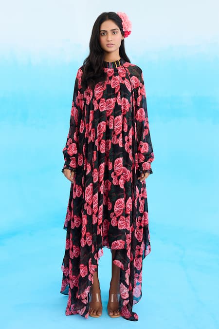 Nikasha Black Viscose, Georgette Bandeau Neck Vintage Rose Pattern Asymmetric Dress Online at Aza Fashions Nikasha_Black Viscose, Georgette Bandeau Neck Vintage Rose Pattern Asymmetric Dress _Online_at_Aza_Fashions