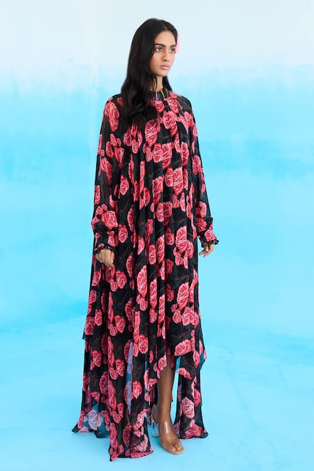 Buy Nikasha Black Viscose, Georgette Bandeau Neck Vintage Rose Pattern Asymmetric Dress Online at Aza Fashions Buy_Nikasha_Black Viscose, Georgette Bandeau Neck Vintage Rose Pattern Asymmetric Dress _Online_at_Aza_Fashions
