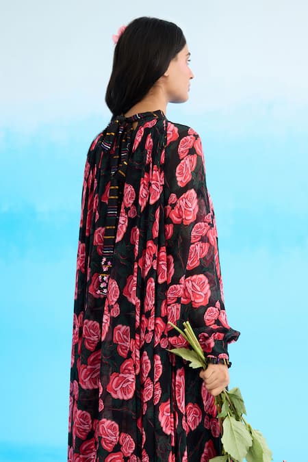 Shop Nikasha Black Viscose, Georgette Bandeau Neck Vintage Rose Pattern Asymmetric Dress Online at Aza Fashions Shop_Nikasha_Black Viscose, Georgette Bandeau Neck Vintage Rose Pattern Asymmetric Dress _Online_at_Aza_Fashions