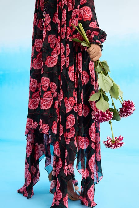 Nikasha Black Viscose, Georgette Bandeau Neck Vintage Rose Pattern Asymmetric Dress at Aza Fashions Nikasha_Black Viscose, Georgette Bandeau Neck Vintage Rose Pattern Asymmetric Dress _at_Aza_Fashions