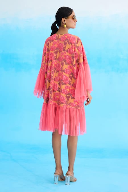 Shop Nikasha Pink Cotton, Net Round Neck Mithai Rose Print Frill Dress at Aza Fashions Shop_Nikasha_Pink Cotton, Net Round Neck Mithai Rose Print Frill Dress _at_Aza_Fashions