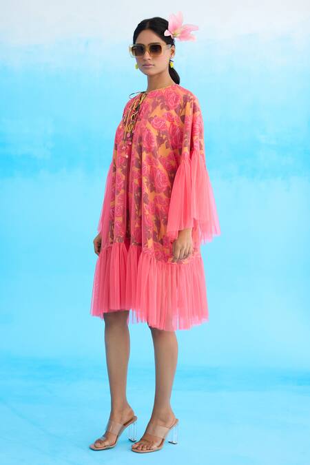 Nikasha Pink Cotton, Net Round Neck Mithai Rose Print Frill Dress Online at Aza Fashions Nikasha_Pink Cotton, Net Round Neck Mithai Rose Print Frill Dress _Online_at_Aza_Fashions