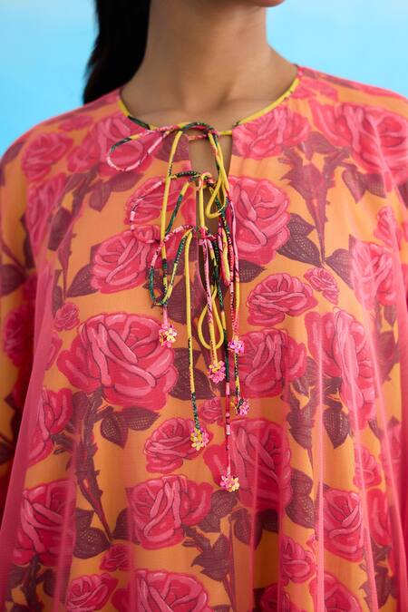 Buy Nikasha Pink Cotton, Net Round Neck Mithai Rose Print Frill Dress Online at Aza Fashions Buy_Nikasha_Pink Cotton, Net Round Neck Mithai Rose Print Frill Dress _Online_at_Aza_Fashions