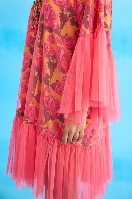 Shop Nikasha Pink Cotton, Net Round Neck Mithai Rose Print Frill Dress Online at Aza Fashions Shop_Nikasha_Pink Cotton, Net Round Neck Mithai Rose Print Frill Dress _Online_at_Aza_Fashions