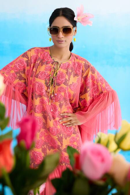 Nikasha Pink Cotton, Net Round Neck Mithai Rose Print Frill Dress at Aza Fashions Nikasha_Pink Cotton, Net Round Neck Mithai Rose Print Frill Dress _at_Aza_Fashions