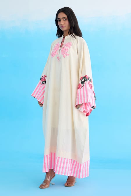 Nikasha_Cream Cotton Embroidery Mandarin Collar Crouching Applique Kaftan Dress _Online_at_Aza_Fashions