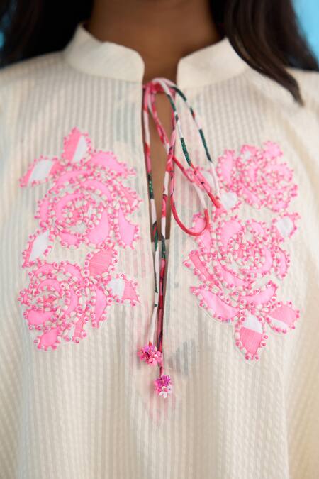 Buy_Nikasha_Cream Cotton Embroidery Mandarin Collar Crouching Applique Kaftan Dress _Online_at_Aza_Fashions