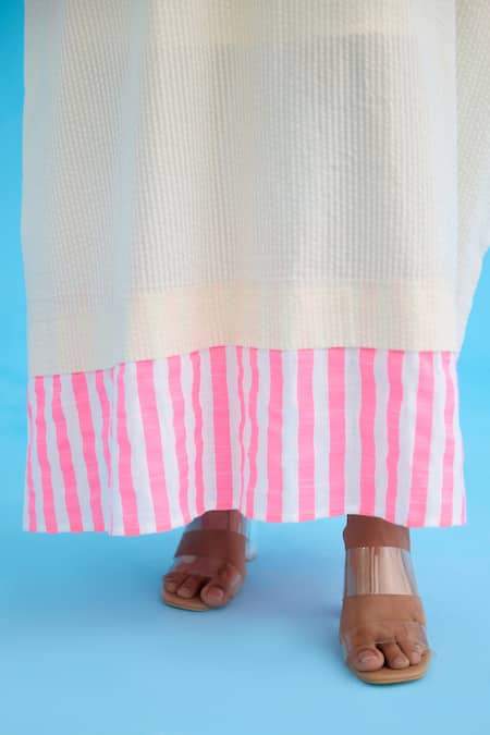 Shop_Nikasha_Cream Cotton Embroidery Mandarin Collar Crouching Applique Kaftan Dress _Online_at_Aza_Fashions