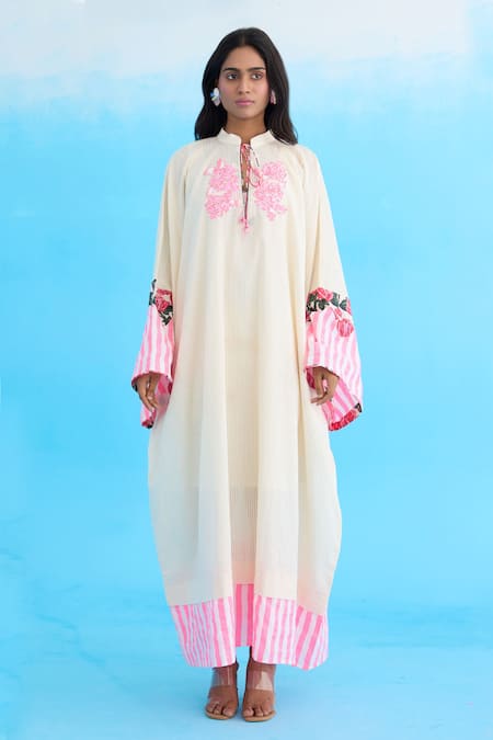 Nikasha_Cream Cotton Embroidery Mandarin Collar Crouching Applique Kaftan Dress _at_Aza_Fashions
