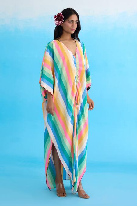 Nikasha Multi Color Cotton V-neck Rainbow Striped Kaftan Dress Online at Aza Fashions Nikasha_Multi Color Cotton V-neck Rainbow Striped Kaftan Dress _Online_at_Aza_Fashions
