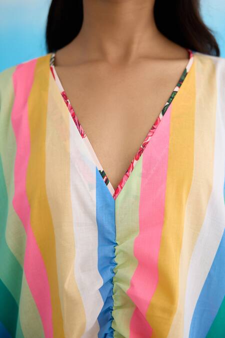 Shop Nikasha Multi Color Cotton V-neck Rainbow Striped Kaftan Dress Online at Aza Fashions Shop_Nikasha_Multi Color Cotton V-neck Rainbow Striped Kaftan Dress _Online_at_Aza_Fashions