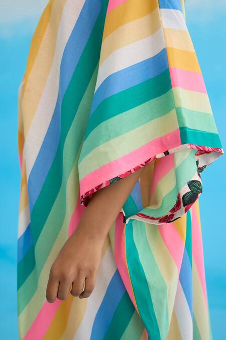 Buy Nikasha Multi Color Cotton V-neck Rainbow Striped Kaftan Dress Buy_Nikasha_Multi Color Cotton V-neck Rainbow Striped Kaftan Dress
