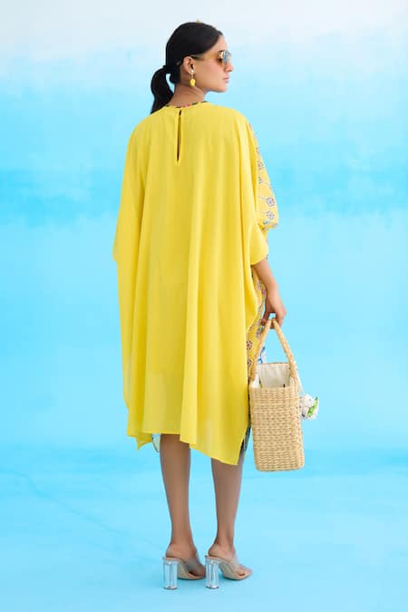 Shop Nikasha Yellow Cotton Tassels Crew Neck Big Rose Pattern Short Kaftan at Aza Fashions Shop_Nikasha_Yellow Cotton Tassels Crew Neck Big Rose Pattern Short Kaftan _at_Aza_Fashions