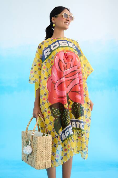 Nikasha Yellow Cotton Tassels Crew Neck Big Rose Pattern Short Kaftan Online at Aza Fashions Nikasha_Yellow Cotton Tassels Crew Neck Big Rose Pattern Short Kaftan _Online_at_Aza_Fashions