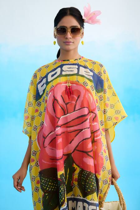 Shop Nikasha Yellow Cotton Tassels Crew Neck Big Rose Pattern Short Kaftan Online at Aza Fashions Shop_Nikasha_Yellow Cotton Tassels Crew Neck Big Rose Pattern Short Kaftan _Online_at_Aza_Fashions