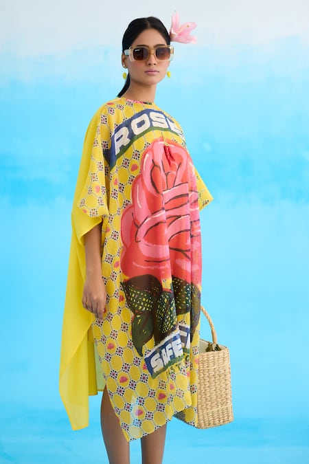Buy Nikasha Yellow Cotton Tassels Crew Neck Big Rose Pattern Short Kaftan Buy_Nikasha_Yellow Cotton Tassels Crew Neck Big Rose Pattern Short Kaftan