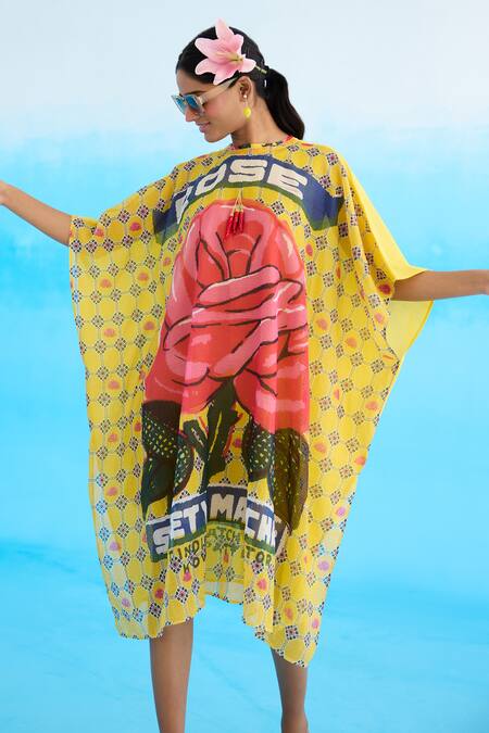 Shop Nikasha Yellow Cotton Tassels Crew Neck Big Rose Pattern Short Kaftan Shop_Nikasha_Yellow Cotton Tassels Crew Neck Big Rose Pattern Short Kaftan