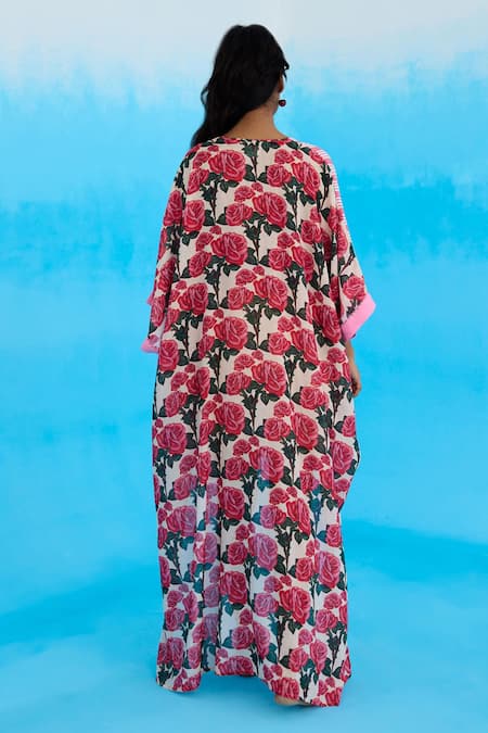 Shop Nikasha Pink Cotton Tassels V-neck Striped High-low Kaftan at Aza Fashions Shop_Nikasha_Pink Cotton Tassels V-neck Striped High-low Kaftan _at_Aza_Fashions