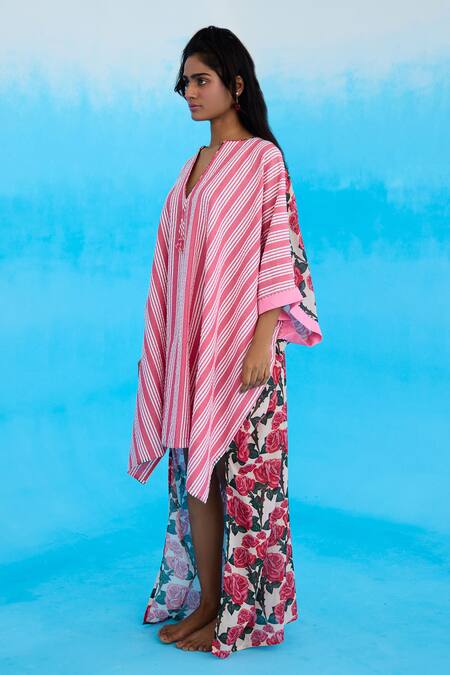Nikasha Pink Cotton Tassels V-neck Striped High-low Kaftan Online at Aza Fashions Nikasha_Pink Cotton Tassels V-neck Striped High-low Kaftan _Online_at_Aza_Fashions