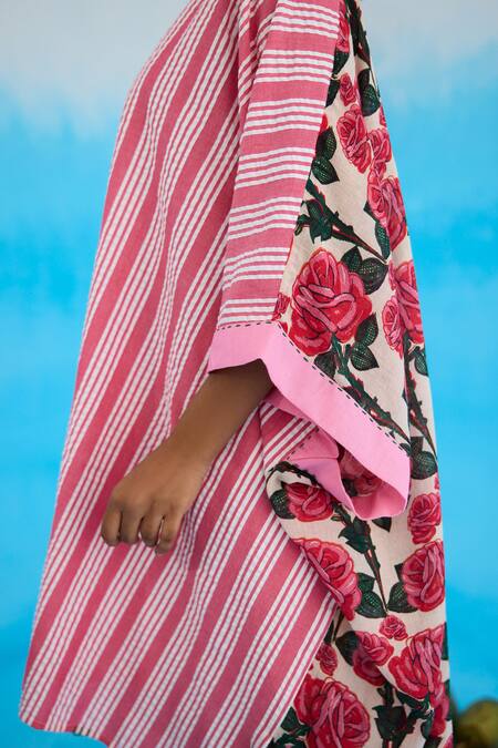 Shop Nikasha Pink Cotton Tassels V-neck Striped High-low Kaftan Online at Aza Fashions Shop_Nikasha_Pink Cotton Tassels V-neck Striped High-low Kaftan _Online_at_Aza_Fashions